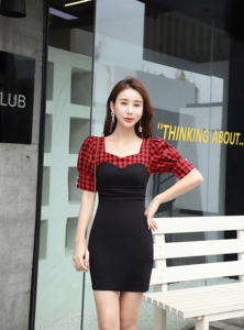 Slim fit chequered patchwork buttock dress