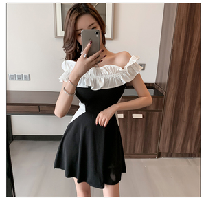 Sweet sexy one shoulder black and white patchwork princess skirt adult puffy skirt