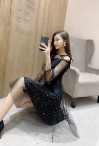 9695 real shot fashion celebrity temperament off shoulder long sleeve slim star mesh sweet dress