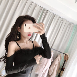 Sexy suspender off shoulder fur collar dress