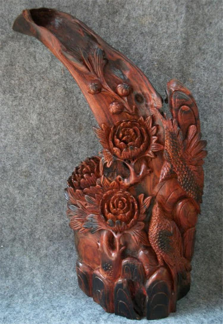 老挝大红酸枝鲜花木雕交趾黄檀花鸟根雕摆件精雕直立根雕摆设