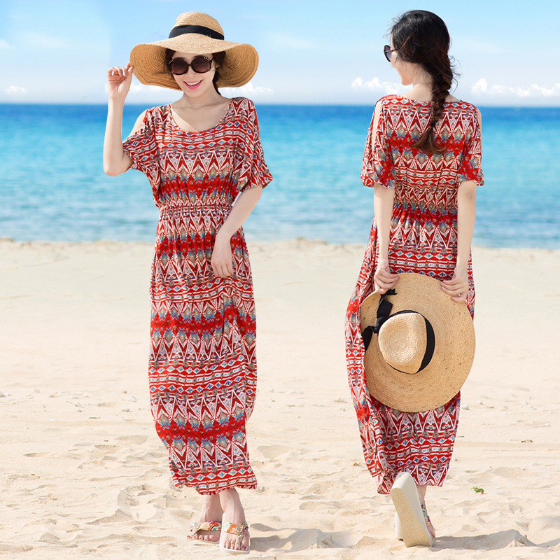 度假小姐波西米亚沙滩裙露肩五分袖红色长裙夏民族风连衣裙海岛裙产品展示图1
