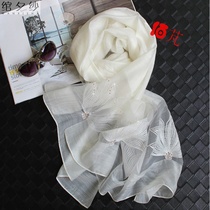 Pure white fashion wild embroidery silk scarf Cotton scarf Seaside shawl long gauze towel womens spring and autumn
