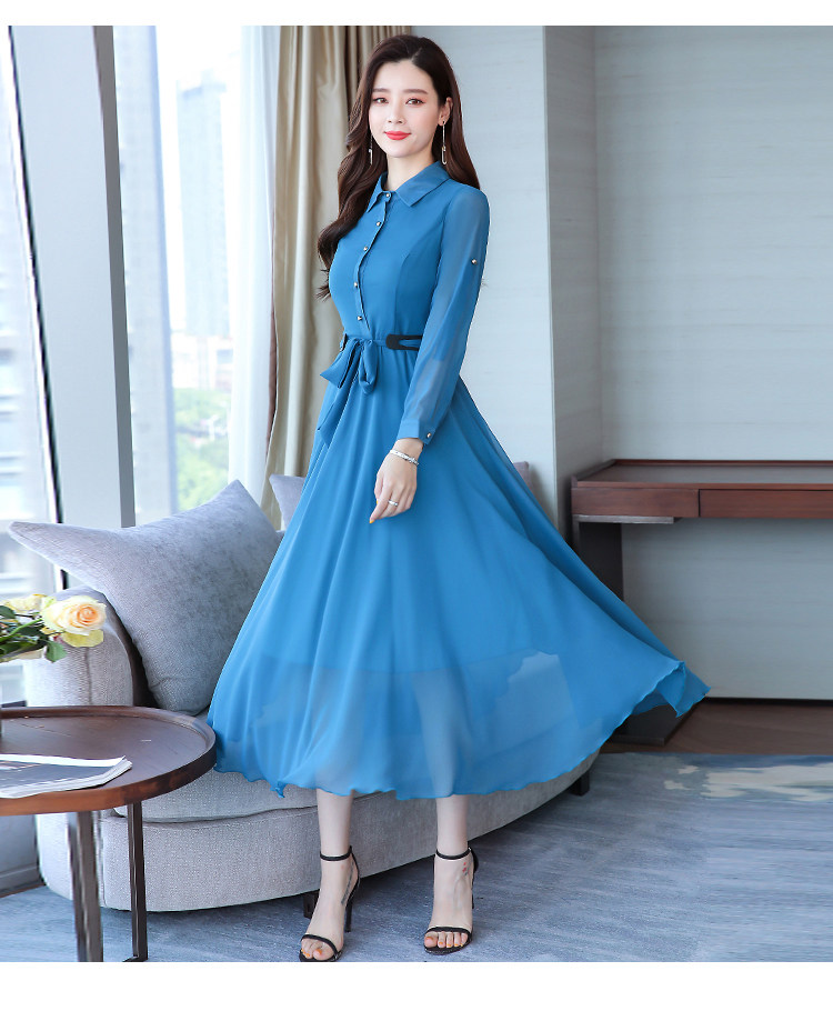 实拍2020春季新款韩版修身显瘦中长款女装长袖雪纺连衣裙