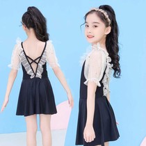 Childrens swimsuit Girls summer big boy 2021 new Korean student cute princess one-piece short-sleeved sunscreen suit