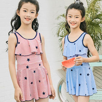 ins Childrens swimsuit Female girl princess cute hot spring Korean middle and large childrens one-piece skirt Navy wind training suit