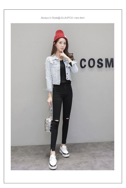 Mùa xuân và mùa hè năm 2021 mới của phụ nữ Hàn Quốc áo khoác denim ngắn tay xước trung - Áo khoác ngắn