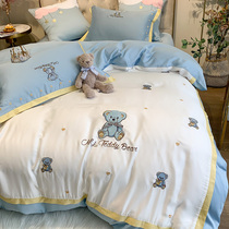 Summer cute cartoon bear 60 Lan Jing double-sided Tencel four-piece blue color sheet quilt cover bedding