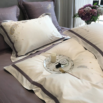 Feather embroidery 60-bed long-staple cotton tribute satin cotton four-piece cotton hipster double-color sheet sheet quilt cover