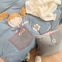Water wash cotton cotton four-piece set 100 cotton Korean hipster plaid girl children three-piece bedding 4