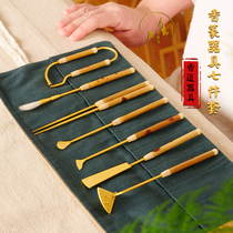 Bamboo handle pure copper casserole silver Seven pieces 7 pieces of sleeve incense Road tool Seal Hollow Smoked with fragrant seal incense stove Getting started