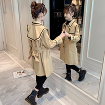 2022 autumn new girls windbreaker autumn clothes middle and big childrens Korean style foreign style mid-length shawl belt waist coat