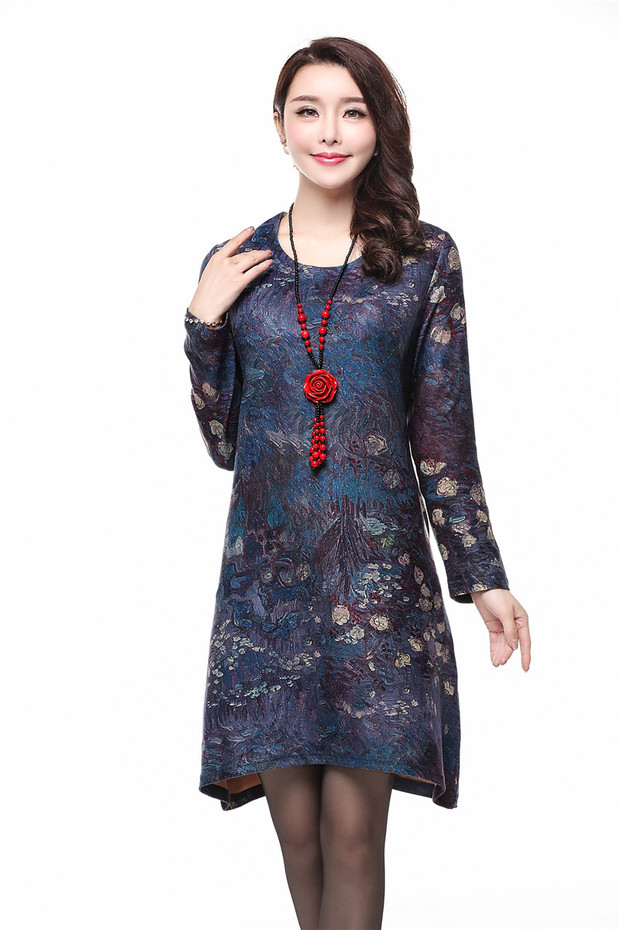 中老年女装长袖连衣裙春秋中年40-50岁大码胖妈妈装打底衫中长款