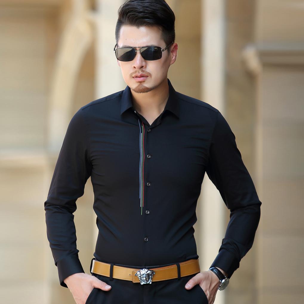 帝潮世家秋装新款长袖衬衫男 时尚修身商务休闲免烫衬衣韩版男装