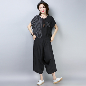 Stripe thin cotton and hemp suit large women’s bat sleeve T-shirt two-piece pants