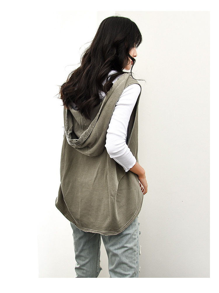 连帽背心女宽松纯棉破洞带帽衫坎肩无袖卫衣春秋装马甲外搭上衣