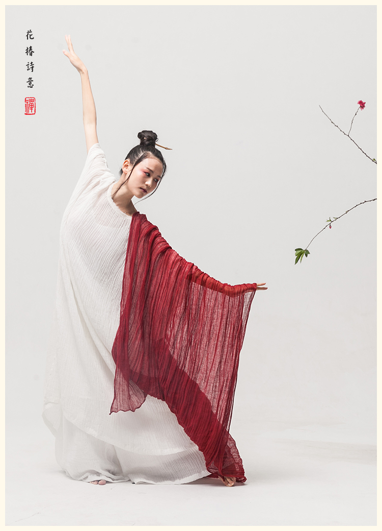 花椿禅意中国风苎麻连衣裙宽松大码女装 禅舞服女棉麻白长袍夏季