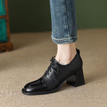 Miss Morning ~ Simple Leisure Fabric with Rough and Horn Single Shoes ~ Commuter Splicing High Heel temperament