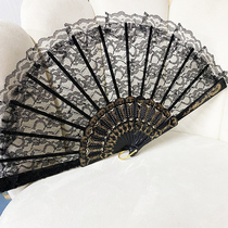 New Lolita cheongsam show Photo feather folding fan dark lace fan ancient fan retro nostalgic fan