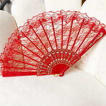 Chinese style seven Wong spring dance fan performance fan lace folding fan plastic folding fan with fan chain hair