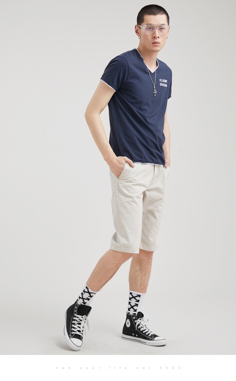 卡玛kama 夏 双层v领修身男针织衫舒适透气百搭半短袖t恤2217501