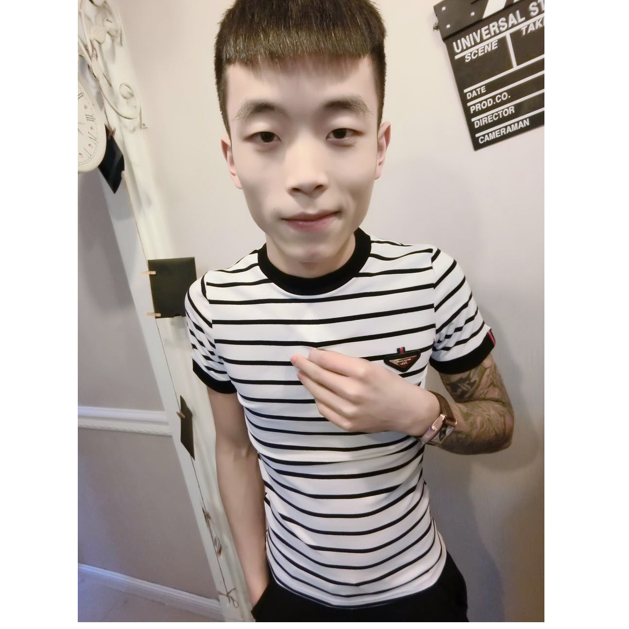 快手红人四哥同款短袖t恤男时尚休闲条纹体恤上衣青少年百搭半袖t