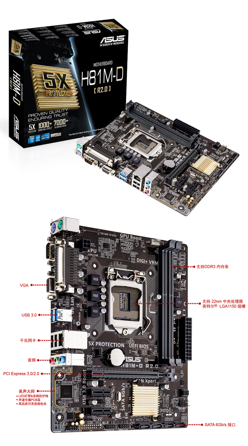 全新盒装 asus/华硕 h81m-d r2.0 h81m-k 小板 一年包换