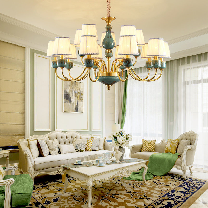 全铜吊灯美式客厅大灯法式田园陶瓷复古欧式地中海卧室餐厅铜灯具