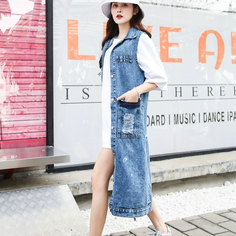 Mùa xuân và mùa thu 2021 mặc áo vest denim dài trên đầu gối của phụ nữ Áo khoác của phụ nữ Âu Mỹ là xu hướng áo ghi lê in cá nhân và mỏng - Áo vest