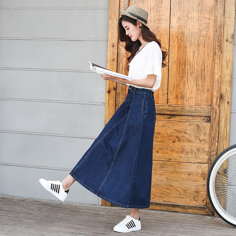 2021 Spring Summer new Korean version High waist denim Long dress A character dress Cowboy dress in a long version of a long version of a pleasanta skirt woman