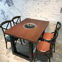 Solid wood induction cooker fire pot table custom hot pot barbecue one-piece table Smoke-free barbecue hot pot shop table and chair combination