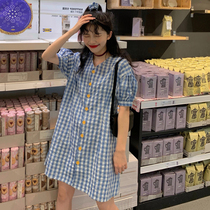 Large women's summer dress 2022 new Korean version of loose foreign gas downsizing bubble sleeve grid fat mm thin jump dress
