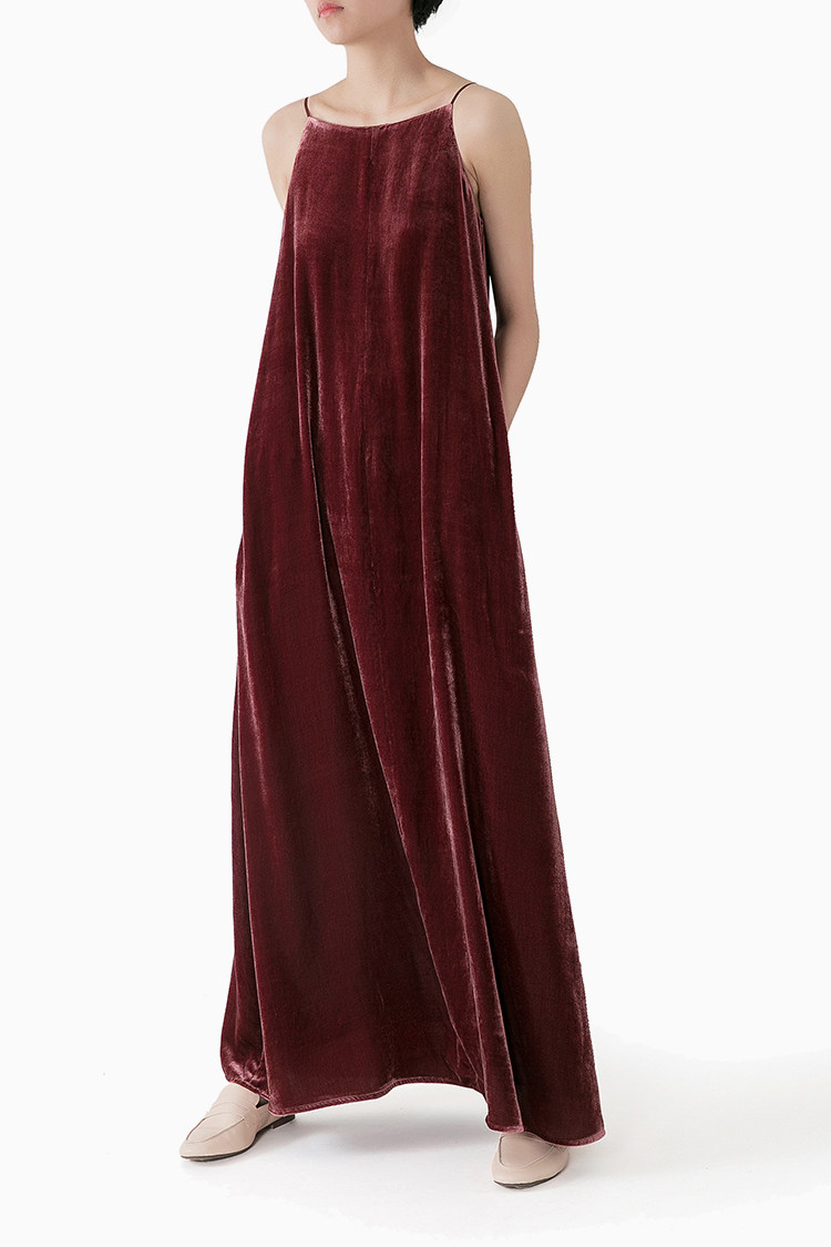 cleanflow原创设计真丝金丝绒天鹅绒绛紫吊带连衣裙口袋超长款