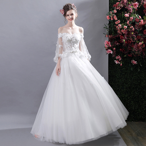 Flying Horn Sleeves Immortal Bride A Word Shoulder Wedding Dresse