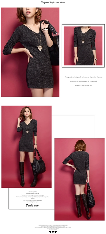 Mùa thu và mùa đông mới thời trang phụ nữ 2021 Phong cách Hàn Quốc Cổ chữ V mảnh mai kéo dài đáy váy đen nhỏ váy dệt kim giảm béo - váy đầm