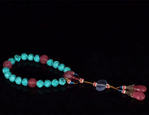 Boutique Qing Dynasty natural turquoise woven pattern eighteen sons hand-held with pink tourmaline longevity pattern old glass hand string