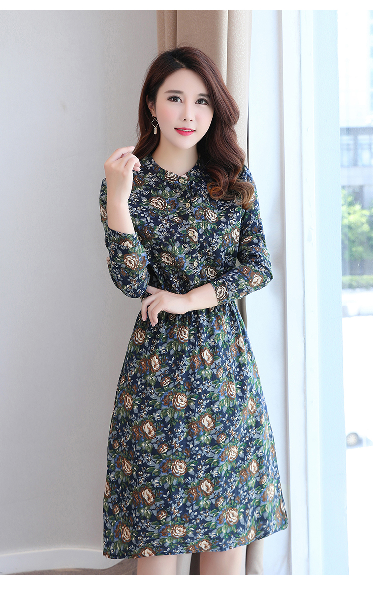2018秋新款碎花连衣裙女大码长袖收腰印花a字裙纯棉中长裙