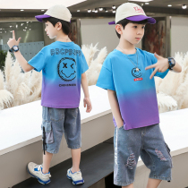 Boy Short Sleeve Suit Summer Dress 2022 New CUHK Boy Boy Pure Cotton Two Sets Handsome Qi Ocean Child Bottling