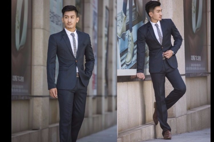 影楼男装主题婚纱照摄影 表演主持竖条纹西装 韩版修身男士西服