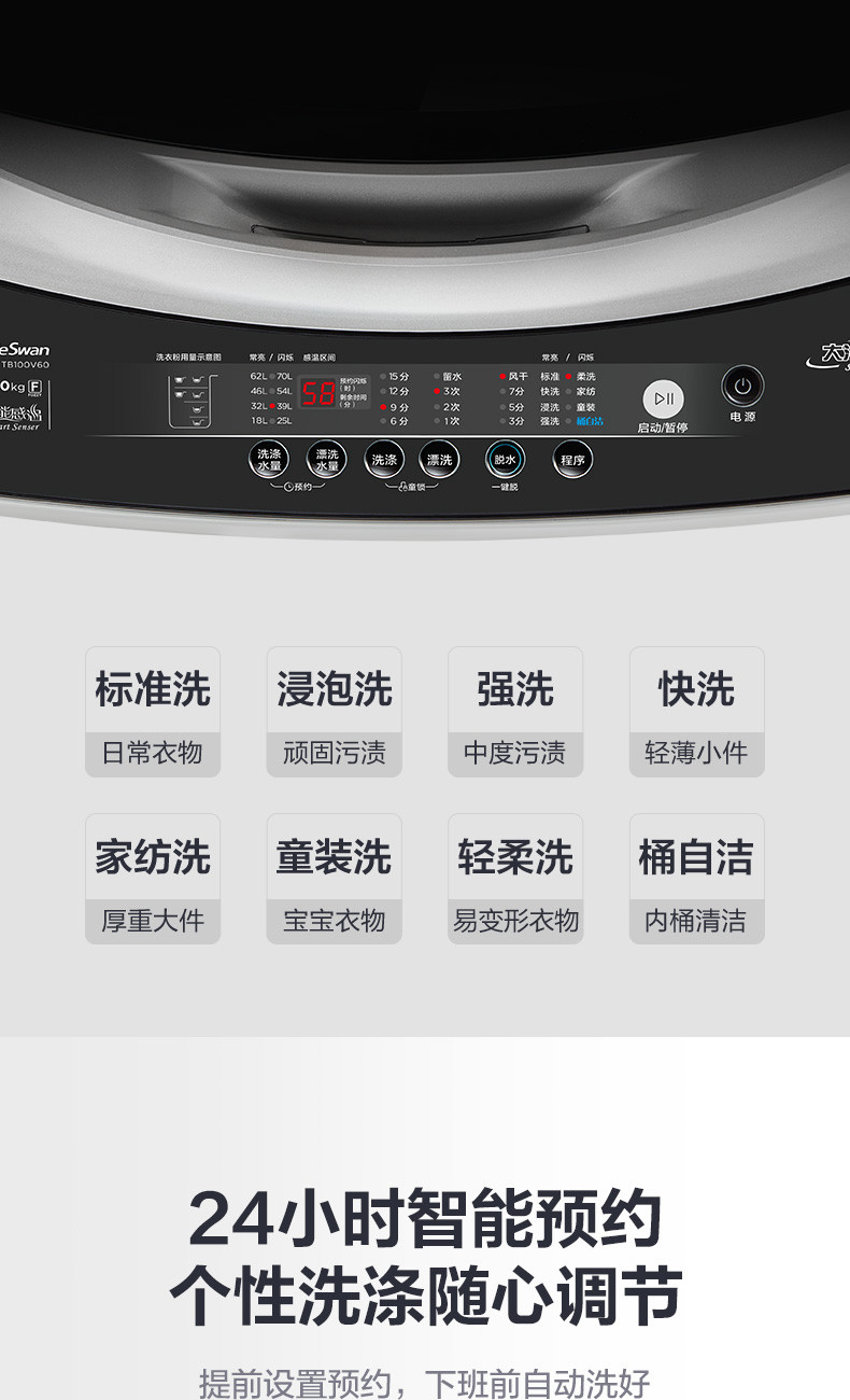 洗衣粉用量示育图常亮/闪烁醇温区间常亮/闪感@标准洗浸泡洗强洗快洗日常衣物顽固污渍中度污渍轻薄小件家纺洗童装洗轻柔洗桶自洁厚重大件宝宝衣物易变形衣物内桶清洁24小时智能预约个性洗涤随心调节提前设置预约,下班前自动洗好-推好价 | 品质生活 精选好价