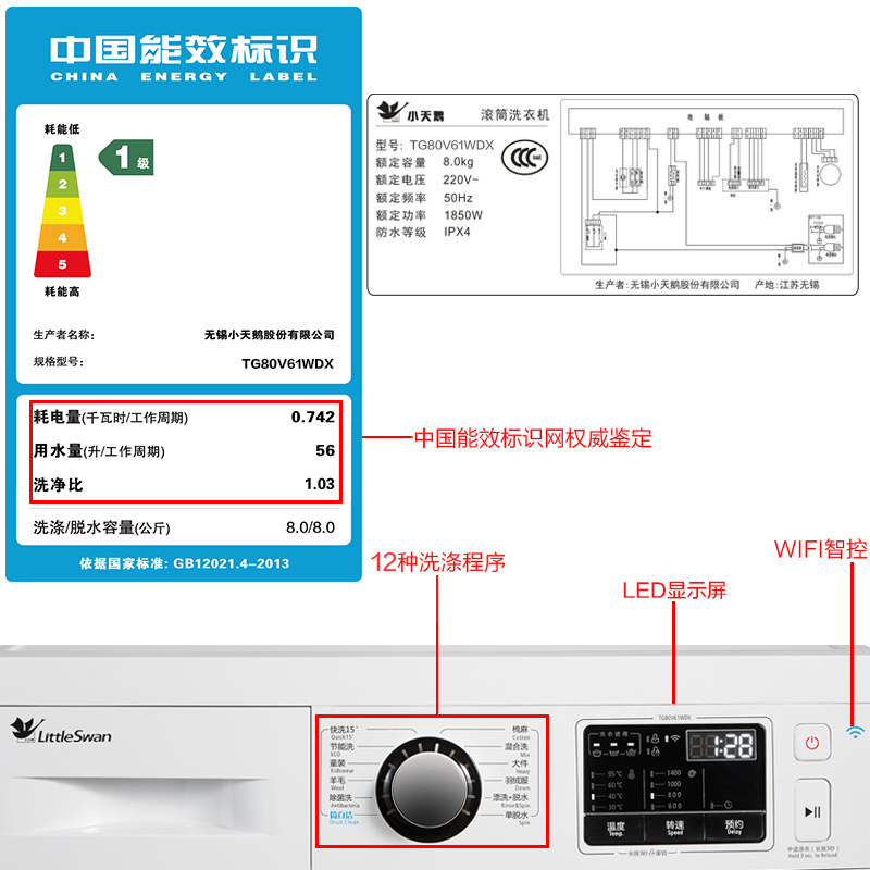 Littleswan/小天鹅 TG80V61WDX 8公斤智能变频全自动滚筒洗衣机产品展示图4