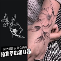 Juice Herb Ben Persistent Retro Black And White Flowers Leaf Hand Back Wrist Arm Tattoo Patch Waterproof Plant Semi Permanent