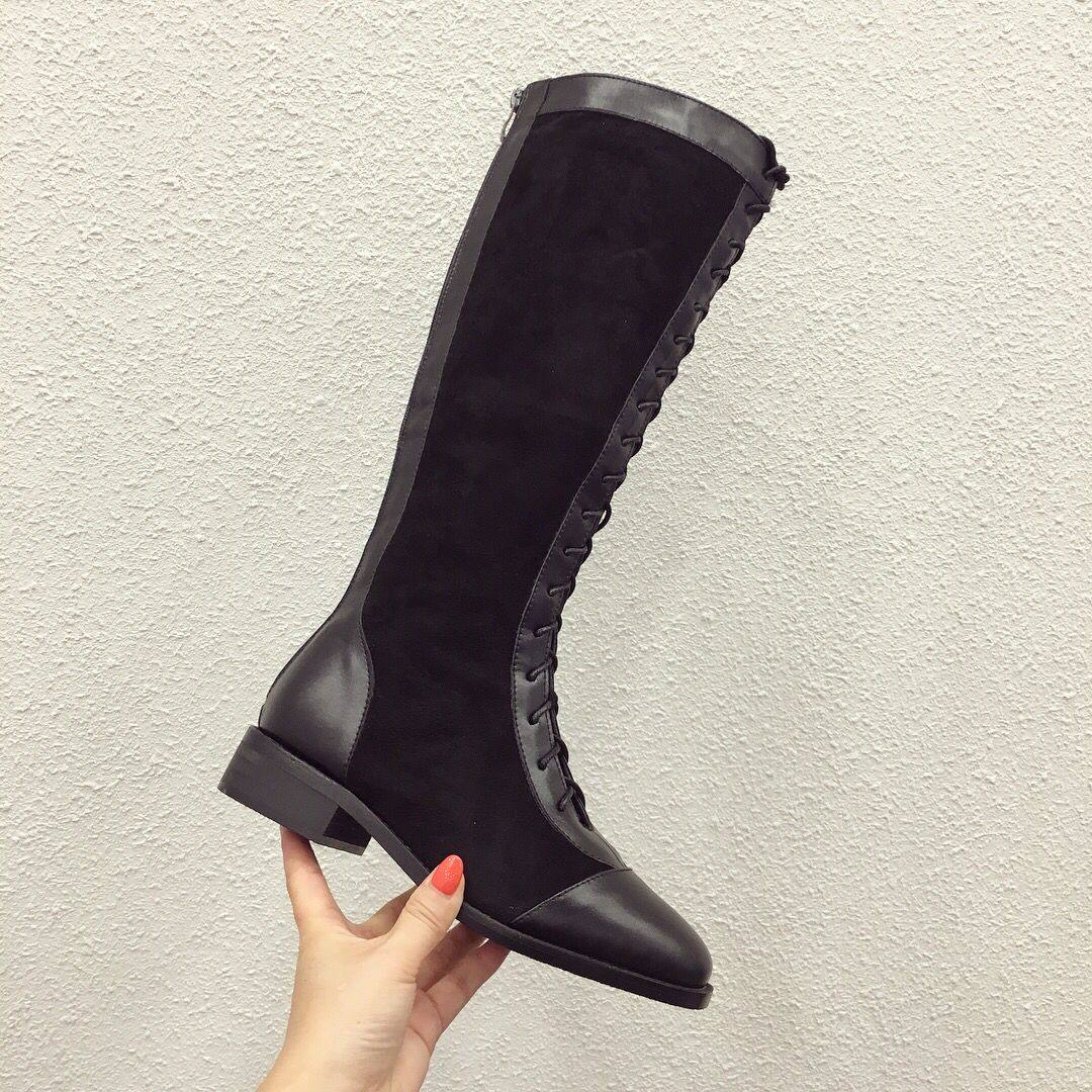 绑带长靴女百搭帅气2019初秋新款欧洲站英伦风后拉链厚底马丁靴子