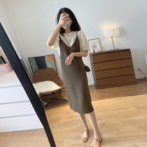 Fan-style one-piece dress woman summer thin and small sub-bubble sleeveless sleeveless sleeveless dress with two sets of suit minus strap skirt womens false collar