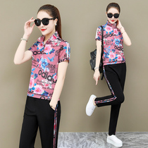 Printed Summer 2020 new suit female fashion large size sports leisure foreign style two-piece Summer stand trend