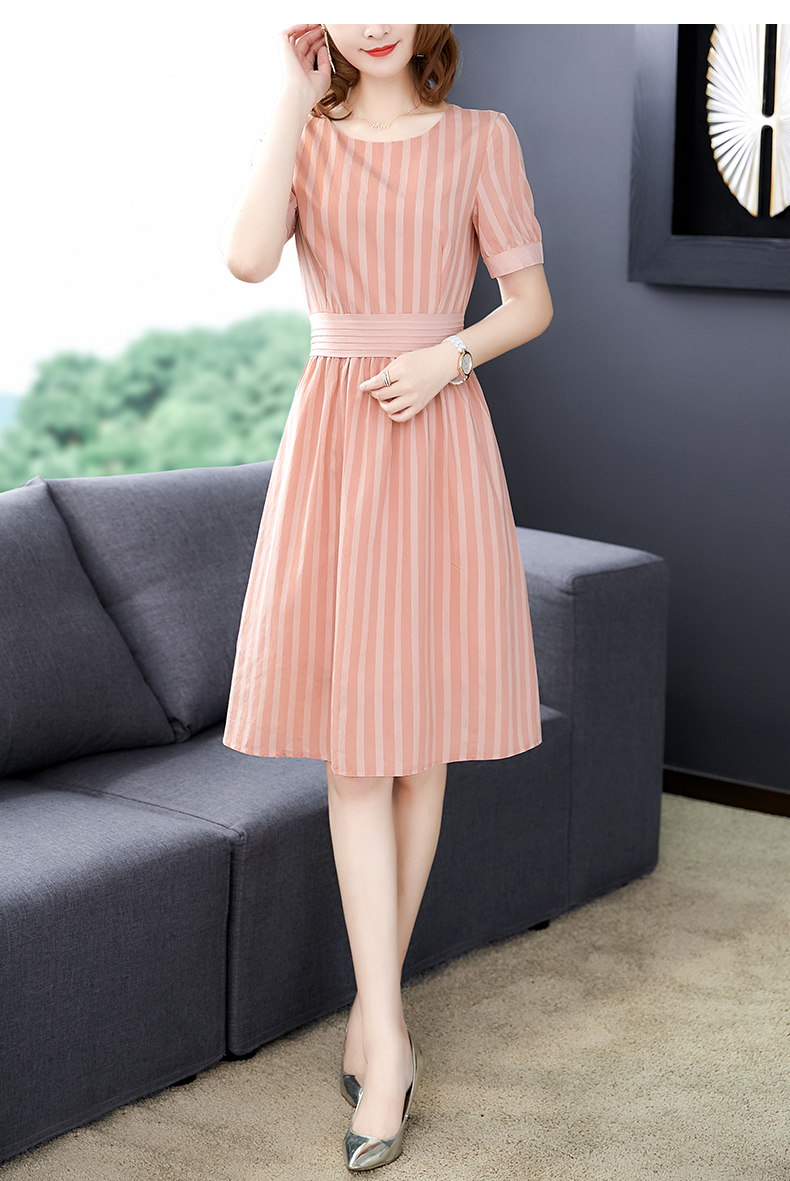 6588#条纹简约女装高腰连衣裙中长款短袖夏装裙子a字裙2020夏新款