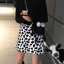 Sakurada Kawajima 2021 new autumn Net red cute plush cow spots high waist A- shaped skirt women