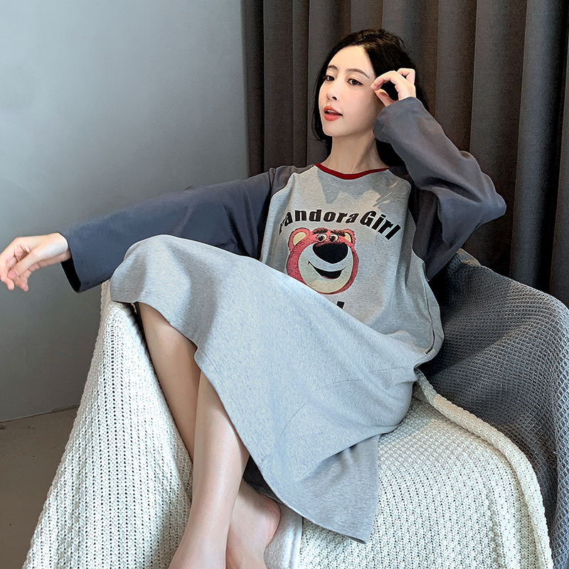 Long Sleeve Sleeping Dress Woman Spring Autumn Season Pure Cotton Medium Long Section Loose Big Code Cute Autumn Winter With Chest Cushion Pyjamas Dress-Taobao