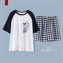 Cotton short-sleeved pajamas female summer cute students ins plaid shorts couples home clothes set mens thin