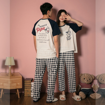 Couple pajamas female summer cotton short sleeve trousers set Korean ins cute summer mens home wear thin